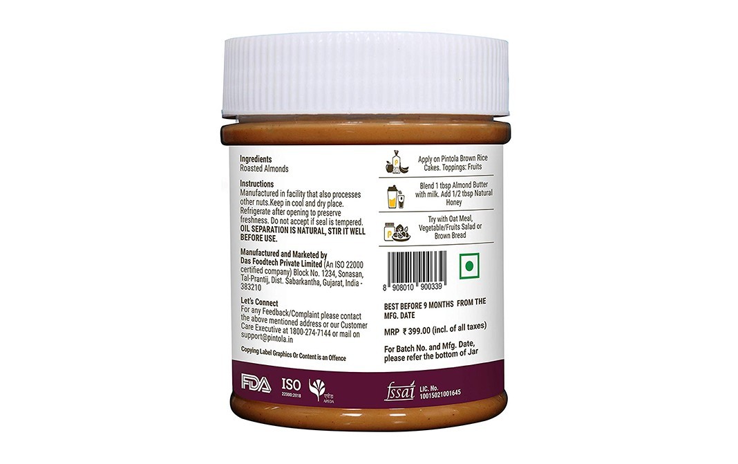 Pintola Almond Butter Crunchy All Natural Unsweetened   Plastic Jar  200 grams